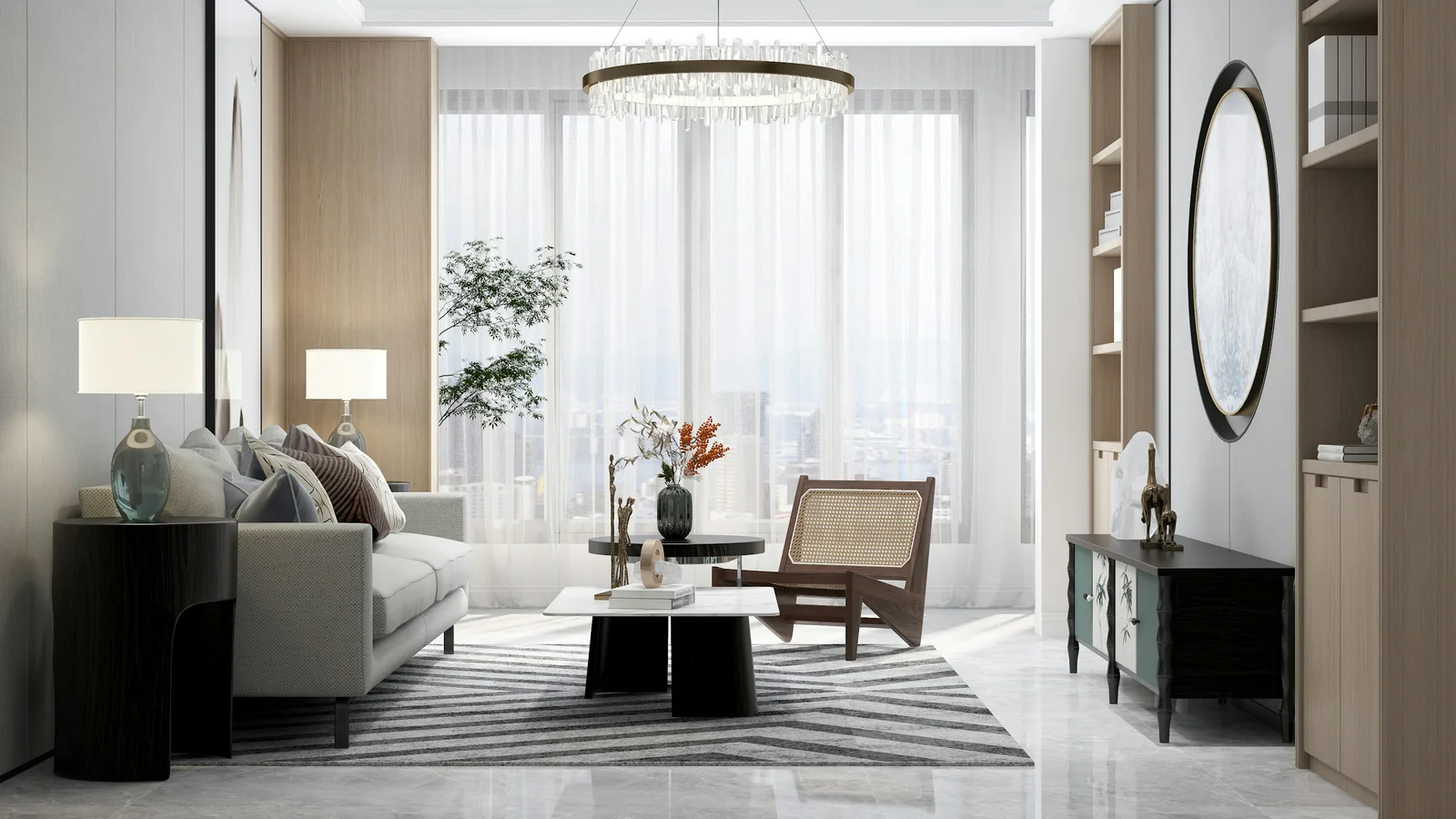 Bright modern apartment living room with neutral furniture, natural light, and large windows