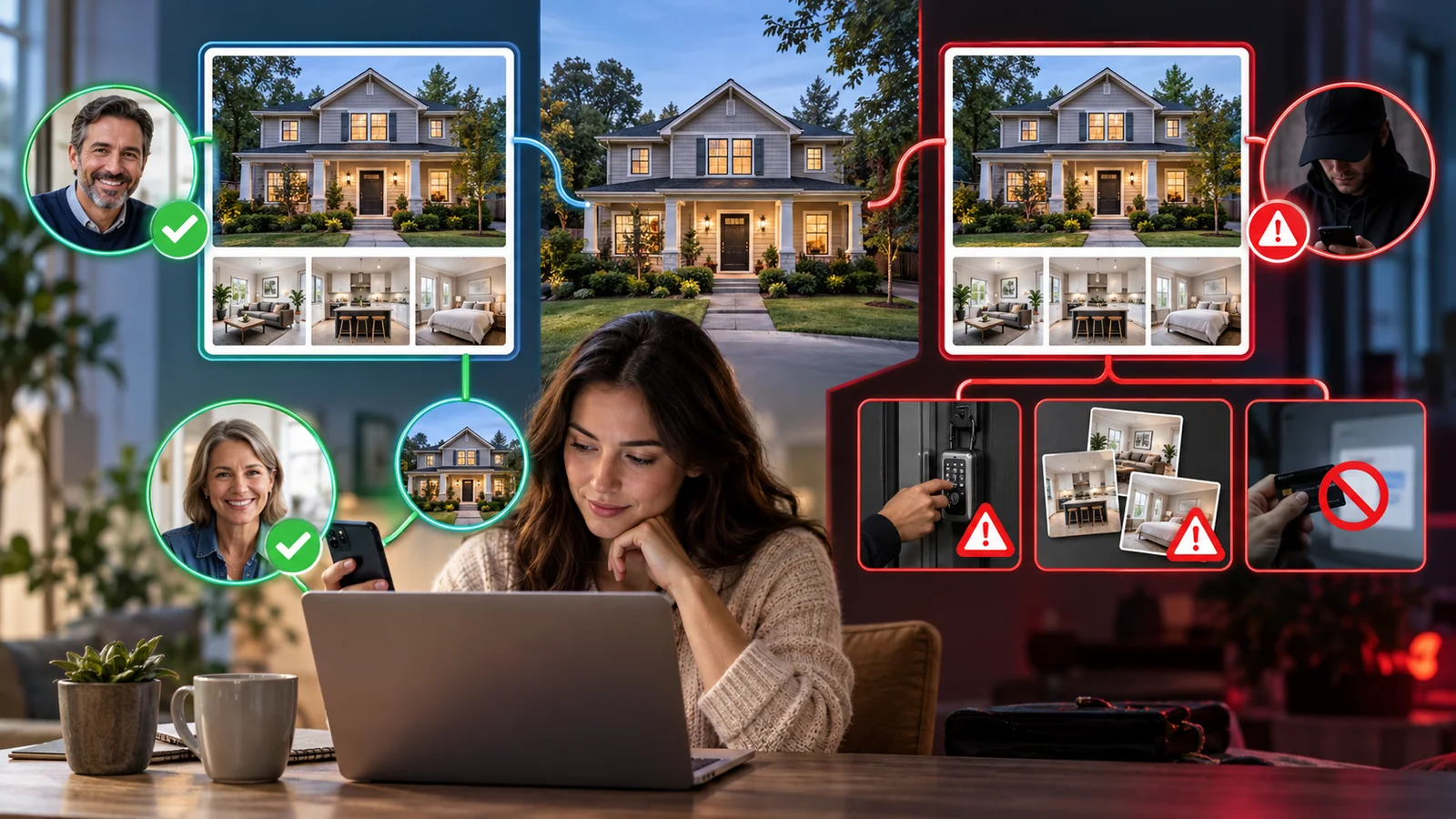 Comparison of a verified rental listing and a copied scam listing for the same home