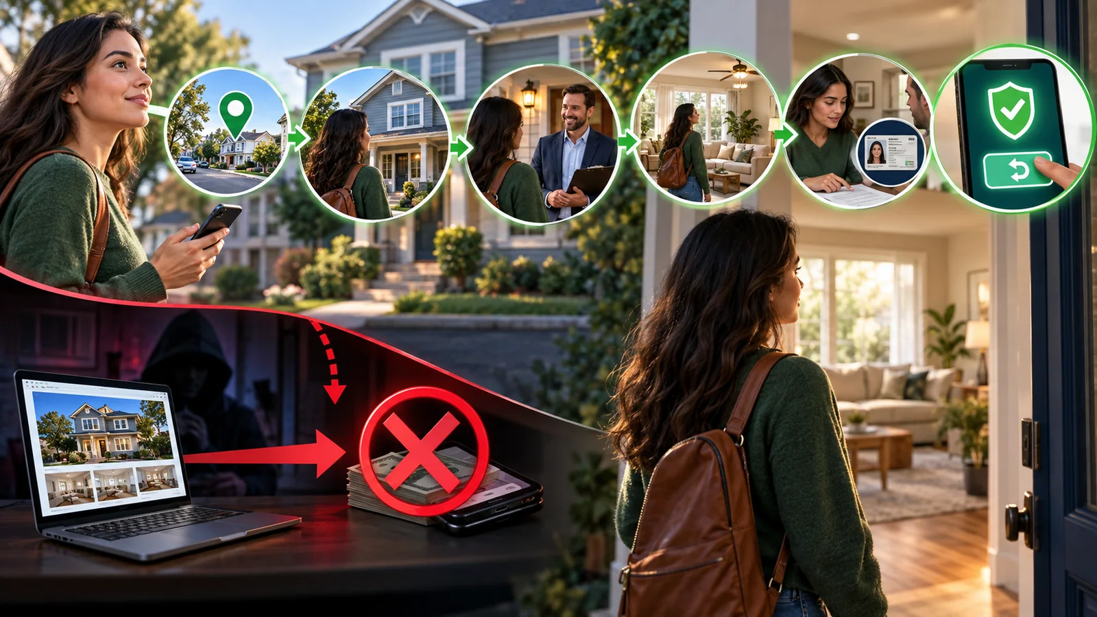 Renter follows property, manager, tour, identity, and safe-payment checks while avoiding a scam shortcut